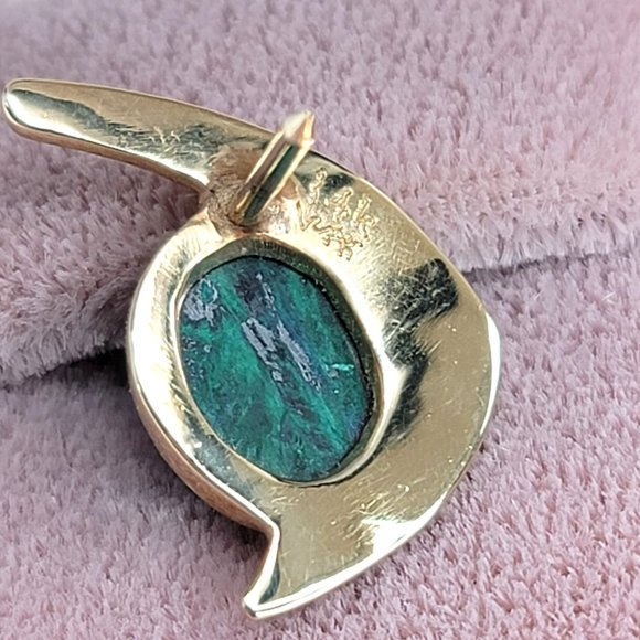 14k Yellow Gold Malachite Angel Fish Tie Tack Pin Vintage Artisan Made CT409 - Picture 4 of 16